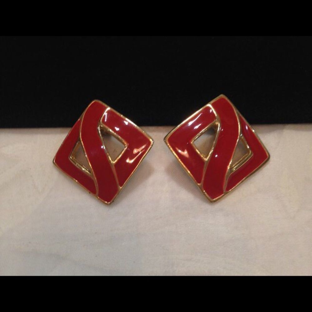 Vintage Gold And Red Enamel Earrings
